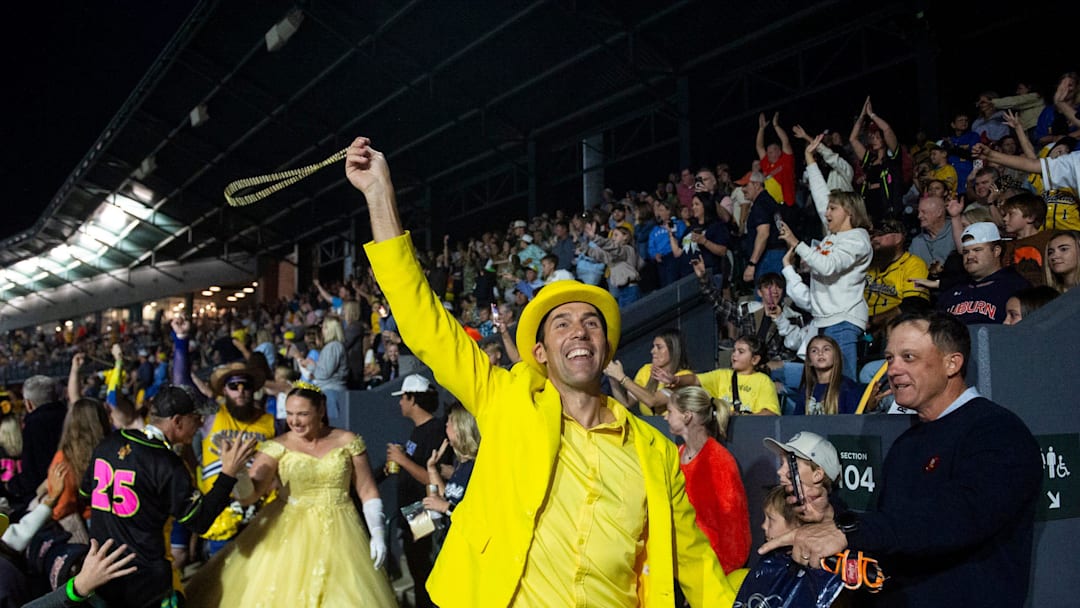 Banana Ball owner Jesse Cole joins the crowd as the Auburn Tigers face off with the Banana Ball All-Stars at Plainsman Park in Auburn, Ala. on Saturday, Oct. 25, 2025.