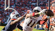 New Mexico State Aggies wide receiver Kordell David (11) catches a touchdown pass in the corner of the end zone during the first quarter as Auburn Tigers take on New Mexico State Aggies at Jordan-Hare Stadium in Auburn, Ala., on Saturday, Nov. 18, 2023.
