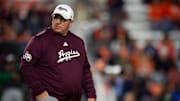 Texas A&M Aggies head coach Mike Elko during warm ups before Auburn Tigers take on Texas A&M Aggies at Jordan-Hare Stadium in Auburn, Ala., on Saturday, Sept. 7, 2024.