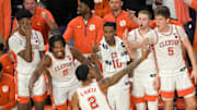 Feb 8, 2025; Clemson, South Carolina, USA; Clemson Tigers guard Dillon Hunter (2) reacts with teammates after making a three point shot against Duke Blue Devils during the second half at Littlejohn Coliseum. 