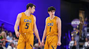 California Baptist Lancers guard Reed Nottage (5), left, and California Baptist Lancers guard Taran Armstrong (1), right, talk as their team is down during the closing minutes of the second half against the California Baptist Lancers at GCU Arena on Saturday, Feb. 5, 2022, in Phoenix. The Antelopes beat the Lancers 56 to 50.

Uscp 7jlmeqhx4qakeos9yge Original