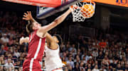 Alabama Crimson Tide forward Grant Nelson (4) dunks over Auburn Tigers center Dylan Cardwell (44) as Auburn Tigers take on Alabama Crimson Tide at Neville Arena in Auburn, Ala., on Saturday, March 8, 2025. Alabama Crimson Tide lead Auburn Tigers 45-42 at halftime.