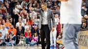 Alabama Crimson Tide head coach Nate Oats talks with his team as Auburn Tigers take on Alabama Crimson Tide at Neville Arena in Auburn, Ala., on Saturday, March 8, 2025. Alabama Crimson Tide lead Auburn Tigers 45-42 at halftime.