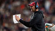 Alabama Crimson Tide head coach Kalen DeBoer encourages his team as Auburn Tigers take on Alabama Crimson Tide in the Iron Bowl at Jordan-Hare Stadium in Auburn, Ala. on Saturday, Nov. 29, 2025. Alabama Crimson Tide leads Auburn Tigers 17-6.