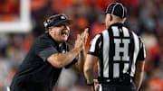 Georgia Bulldogs head coach Kirby Smart complains about a inadvertent time out call as Auburn Tigers take on Georgia Bulldogs at Jordan-Hare Stadium in Auburn, Ala. on Saturday, Oct. 11, 2025. Georgia Bulldogs defeated Auburn Tigers 20-10.