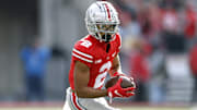Ohio State Buckeyes wide receiver Chris Olave (2) makes a catch against Michigan State Spartans in the second quarter during their NCAA College football game at Ohio Stadium in Columbus, Ohio on November 20, 2021.

Osu21msu Kwr 25