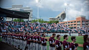 Players line up for the National Anthem as Auburn Tigers baseball takes on Mississippi State Bulldogs at Plainsman Park in Auburn, Ala., on Friday, April 25, 2025.