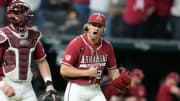 Former Lewisburg Patriots star and current Arkansas pitcher Brady Tygart reacts after the final out of the game against Texas on Feb 17, 2023 at Globe Life Field in Arlington, Texas.