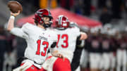 Central Phenix City's Andrew Alford (13) throws the ball as Central Phenix City faces Thompson in the Class 7A football state championship at Bryant-Denny Stadium in Tuscaloosa, Ala., on Wednesday, Dec. 6, 2023. Central Phenix City defeated Thompson 21-19.