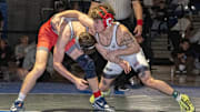 Matthew Gould of St. John Vianney (right) defeated Rich DeLorenzo (Toms River East) in the 120 final at the Shore Conference Boys Wrestling Championships at Lakewood High School on January 25,. 2025.