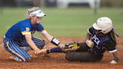 Prattville Christian's Saniyah Weaver (81) slides safely into second base before Curry's Jenna Madison (1) can get the tag during the AHSAA state softball tournament at Choccolocco Park in Oxford, Ala., on Monday, May 13, 2024. Prattville Christian defeated Curry 3-2 in 8 innings.