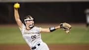 Saint James' Emily Needham (00) pitches during the AHSAA class 3A softball state championship at Choccolocco Park in Oxford, Ala., on Wednesday, May 14, 2025. Wicksburg defeated Saint James 4-3 to win the state championship