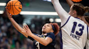 Notre Dame Fighting Irish guard Hannah Hidalgo (3) goes up for a layup as TCU Horned Frogs face off with Notre Dame Fighting Irish during the Sweet 16 at Legacy Arena in Birmingham, Ala., on Saturday, March 29, 2025. TCU Horned Frogs defeated Notre Dame Fighting Irish 71-62 to advance to the Elite 8.