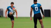 Jacksonville Jaguars place kicker Riley Patterson (38) and wide receiver Gabe Davis (0) play with a soccer ball during the third day of an NFL football training camp practice Friday, July 26, 2024 at EverBank Stadium’s Miller Electric Center in Jacksonville, Fla.