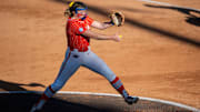 Florida Gators pitcher Keagan Rothrock (7) pitches during the SEC softball tournament championship game at Jane B. Moore Field in Auburn, Ala., on Saturday, May 11, 2024. Florida Gators defeated the Missouri Tigers 6-1.