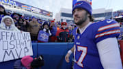 Buffalo Bills quarterback Josh Allen (17) briefly interacts with fans before leaving the field after the Bills victory against the Denver Broncos at Highmark Stadium in Orchard Park on Jan. 12, 2025.