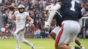 Vanderbilt Commodores quarterback Diego Pavia (2) looks to pass as Auburn Tigers take on Vanderbilt Commodores at Jordan-Hare Stadium in Auburn, Ala., on Saturday, Nov. 2, 2024. Vanderbilt Commodores defeated Auburn Tigers 17-7.