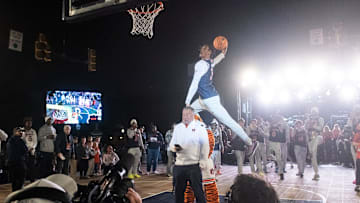 Auburn Tigers forward Jahki Howard (3) competes in the dunk contest during the Tipoff at Toomer’s at Toomer’s Corner at Auburn University in Auburn, Ala., on Thursday, Oct. 17, 2024.