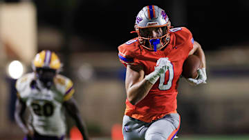 Bolles' Corbyn Fordham (0) scores a catch and run touchdown during the second quarter of a high school football game Friday, Oct. 4, 2024 at The Bolles School in Jacksonville, Fla. The Bolles Bulldogs defeated the Columbia Tigers 42-17.