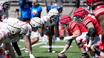 The Scarlet team takes on Gray team during the Ohio State football spring game at Ohio Stadium on April 12, 2025.