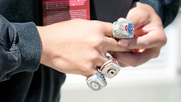 Former Ohio State Buckeye JT Tuimoloau received three rings for winning the College Football Playoffs during the spring game at Ohio Stadium on April 12, 2025. Players and coaches from the 2024 championship team received a ring for making the College Football Playoff, one from the CFP for winning it and a championship ring from Ohio State.