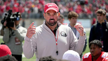 Ohio State Buckeye head coach Ryan Day addresses his team after the spring game at Ohio Stadium on April 12, 2025.