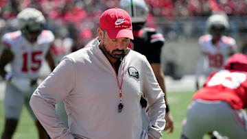 Ohio State Buckeye head coach Ryan Day looks away from the field of play after a dropped pass in the 2nd half during the spring game at Ohio Stadium on April 12, 2025.