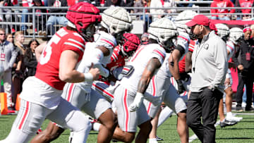 Ohio State Buckeye head coach Ryan Day watches his team warm up before the start of the spring game at Ohio Stadium on April 12, 2025.