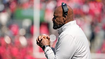 Ohio State Buckeye Gray coach Larry Johnson watches the defense against team Scarlet in the 1st half during the spring game at Ohio Stadium on April 12, 2025.
