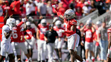 Ohio State Buckeyes cornerback Jermaine Mathews Jr. (7) celebrates after stopping Texas Longhorns on fourth down in the four quarter of their game at Ohio Stadium in Columbus, Ohio on Aug 30, 2025.