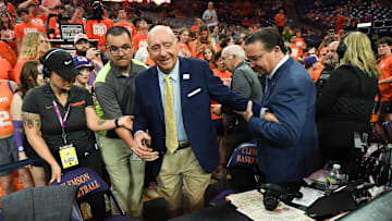 Feb 8, 2025; Clemson, South Carolina, USA; Clemson University student fans welcome ESPN commentator Dick Vitale before the game between the Clemson Tigers and the Duke Blue Devils at Littlejohn Coliseum. Mandatory Credit: Ken Ruinard/USA Today Network via Imagn Images
