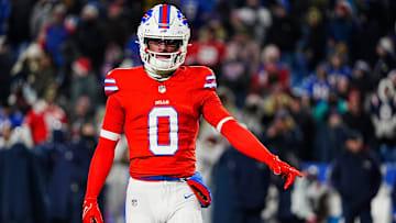 Buffalo Bills wide receiver Keon Coleman (0) looks at a an official and points at a spot before lining up on the line of scrimmage during second half action at Highmark Stadium where the Buffalo Bills hosted the New England Patriots in Orchard Park on Dec. 22, 2024.