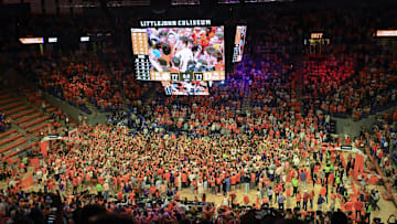 Feb 8, 2025; Clemson, South Carolina, USA; Clemson Tigers fans rush the court to celebrate the win over Duke basketball at Littlejohn Coliseum. 