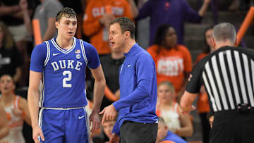 Feb 8, 2025; Clemson, South Carolina, USA; Duke basketball forward Cooper Flagg (2) listens to Duke Blue Devils Head Coach Jon Scheyer during the second half at Littlejohn Coliseum. 