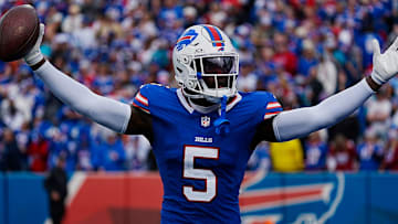 Bills Kaiir Elam celebrates his fumble recovery against Miami during second half action at Highmark Stadium on Nov. 3, 2024.