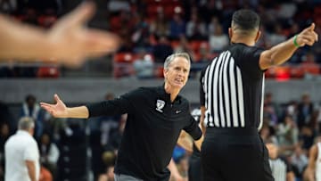 Penn Quakers head coach Steve Donahue complains about a call as Auburn Tigers take on Pennsylvania Quakers at Neville Arena in Auburn, Ala., on Tuesday, Jan. 2, 2024. Auburn Tigers lead Penn Quakers 51-32 at halftime.