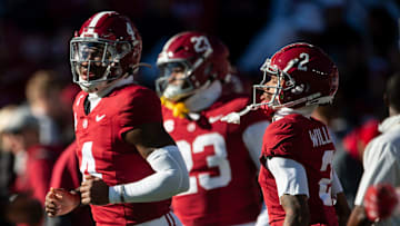 Alabama Crimson Tide quarterback Jalen Milroe (4) and wide receiver Ryan Williams (2) take the field during warm ups as Auburn Tigers take on Alabama Crimson Tide at Bryant-Denny Stadium in Tuscaloosa, Ala., on Saturday, Nov. 30, 2024.