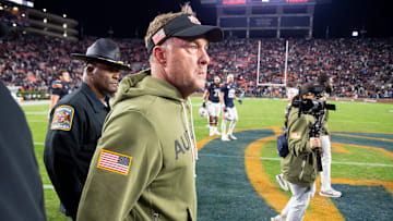 Auburn Tigers head coach Hugh Freeze walks the field after Auburn Tigers take on Kentucky Wildcats at Jordan-Hare Stadium in Auburn, Ala. on Saturday, Nov. 1, 2025. Kentucky Wildcats defeated Auburn Tigers 10-3.