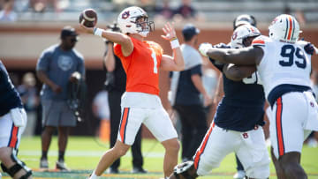 Auburn Tigers quarterback Payton Thorne (1) throws the ball during the A-Day spring game at Jordan-Hare Stadium in Auburn, Ala., on Saturday, April 6, 2024.