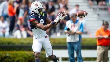 Auburn Tigers wide receiver Cam Coleman (8) catches a ball during warm ups during the A-Day spring game at Jordan-Hare Stadium in Auburn, Ala., on Saturday, April 6, 2024.