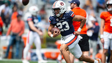 Auburn Tigers running back Jeremiah Cobb (23) warms up during the A-Day spring game at Jordan-Hare Stadium in Auburn, Ala., on Saturday, April 6, 2024.