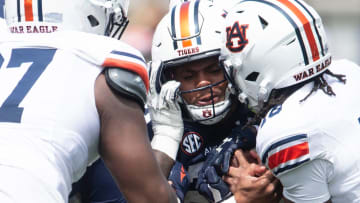 Auburn Tigers running back Jarquez Hunter (27) is stopped during the A-Day spring game at Jordan-Hare Stadium in Auburn, Ala., on Saturday, April 6, 2024.
