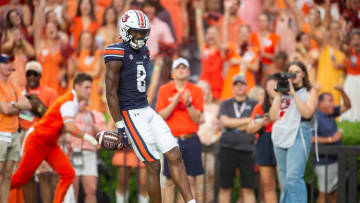 Auburn Tigers wide receiver Cam Coleman (8) celebrates his touchdown catch as Auburn Tigers takes on Alabama A&M Bulldogs at Jordan-Hare Stadium in Auburn, Ala., on Saturday, Aug. 31, 2024.