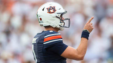 Auburn Tigers quarterback Payton Thorne (1) celebrates his touchdown run as Auburn Tigers take on California Golden Bears at Jordan-Hare Stadium in Auburn, Ala., on Saturday, Sept. 7, 2024. California Golden Bears defeated Auburn Tigers 21-14.