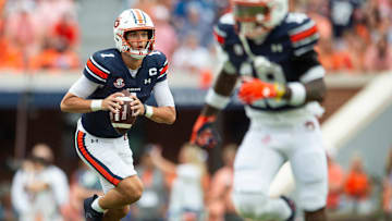 Auburn Tigers quarterback Payton Thorne (1) runs the ball as Auburn Tigers take on Oklahoma Sooners at Jordan-Hare Stadium in Auburn, Ala., on Saturday, Sept. 28, 2024. Auburn Tigers lead Oklahoma Sooners 14-7 at halftime.