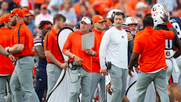 Auburn Tigers head coach Hugh Freeze looks on from the sideline as Auburn Tigers take on Oklahoma Sooners at Jordan-Hare Stadium in Auburn, Ala., on Saturday, Sept. 28, 2024. Auburn Tigers lead Oklahoma Sooners 14-7 at halftime.