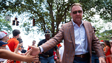 Auburn Tigers head coach Hugh Freeze greets fans during Tiger Walk before Auburn Tigers take on Oklahoma Sooners at Jordan-Hare Stadium in Auburn, Ala., on Saturday, Sept. 28, 2024.