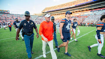 Auburn Tigers head coach Hugh Freeze walks off the field after the game as Auburn Tigers take on Arkansas Razorbacks at Jordan-Hare Stadium in Auburn, Ala., on Saturday, Sept. 21, 2024. Arkansas Razorbacks defeated Auburn Tigers 24-14.