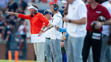 Auburn Tigers head coach Hugh Freeze complains about a call as Auburn Tigers take on Arkansas Razorbacks at Jordan-Hare Stadium in Auburn, Ala., on Saturday, Sept. 21, 2024. Arkansas Razorbacks defeated Auburn Tigers 24-14.