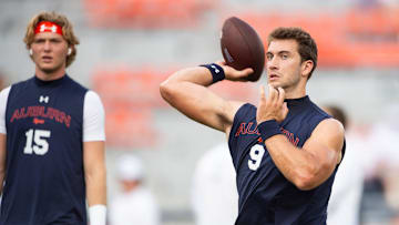 Auburn Tigers quarterback Walker White (9) throws the ball during warm ups before Auburn Tigers take on Arkansas Razorbacks at Jordan-Hare Stadium in Auburn, Ala., on Saturday, Sept. 21, 2024.